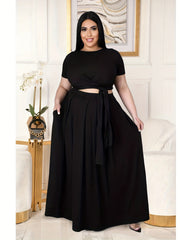 Sexy Outfits Set Women's Plus Solid Round Neck Short Sleeve Cross Knot