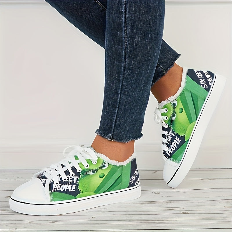 Women Cartoon Pattern Raw Trim Board Shoes Lightweight Low Cut Canvas Sneakers