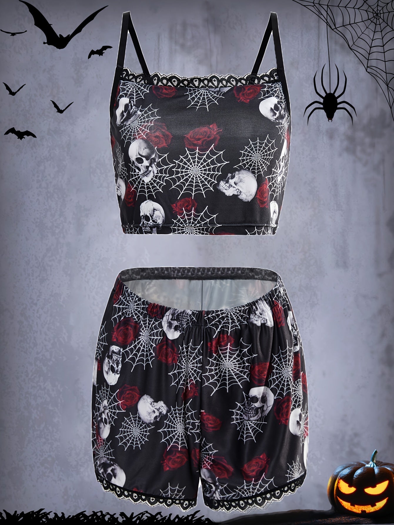 Skull Print Pajama Set with Lace Trim
