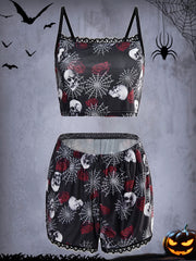 Skull Print Pajama Set with Lace Trim