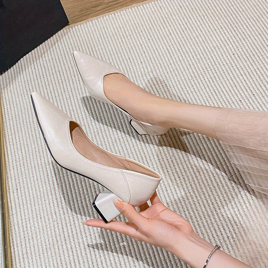 Women's Pointed Toe Mid Heels Slip On Chunky Heels Versatile Office Shoes