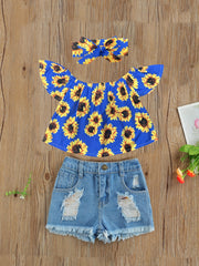 Girls Off Shoulder Sunflower Top & Denim Shorts Set for Summer