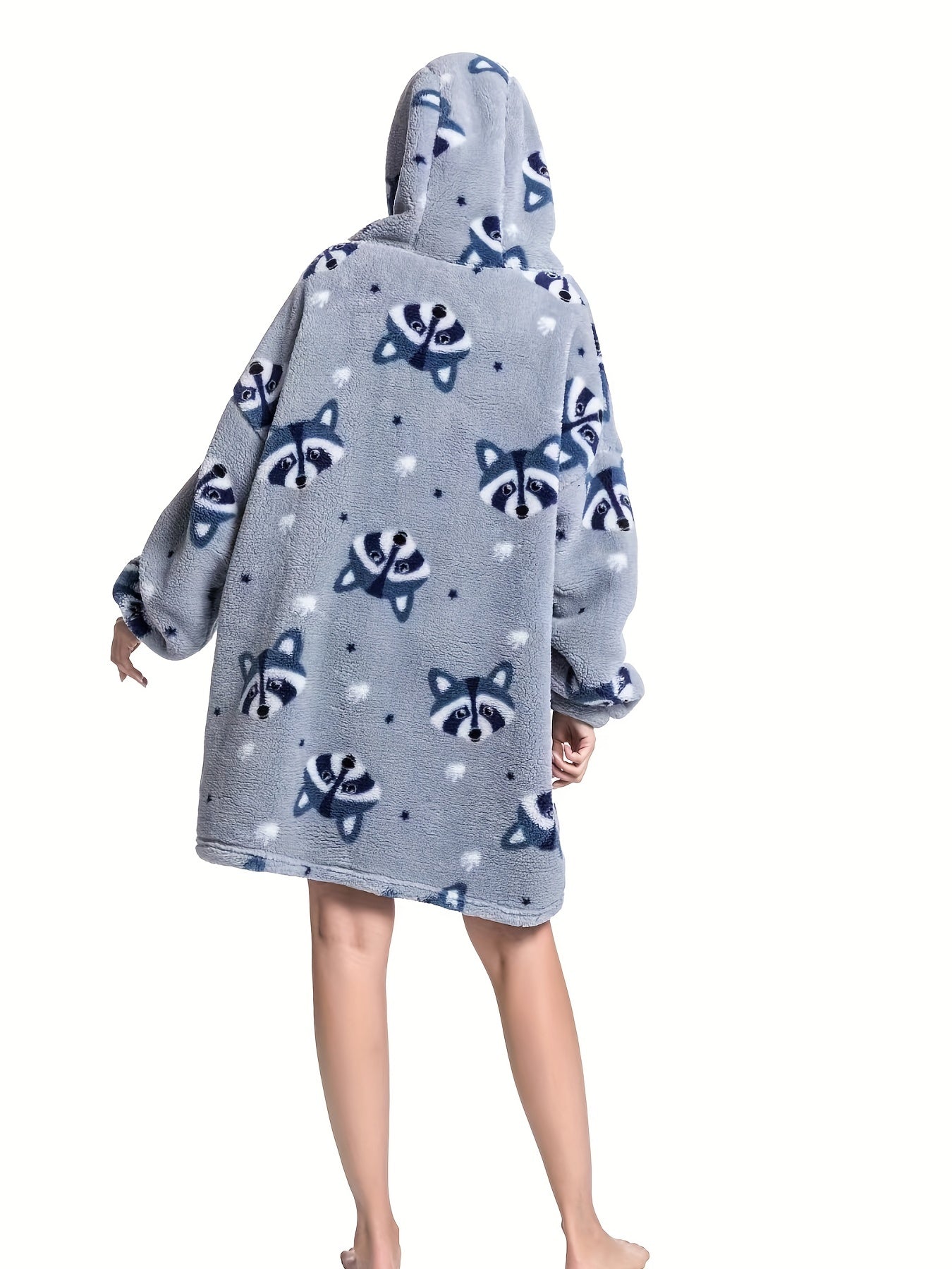 Plus Size Raccoon Print Flannel Hooded Wearable Blanket