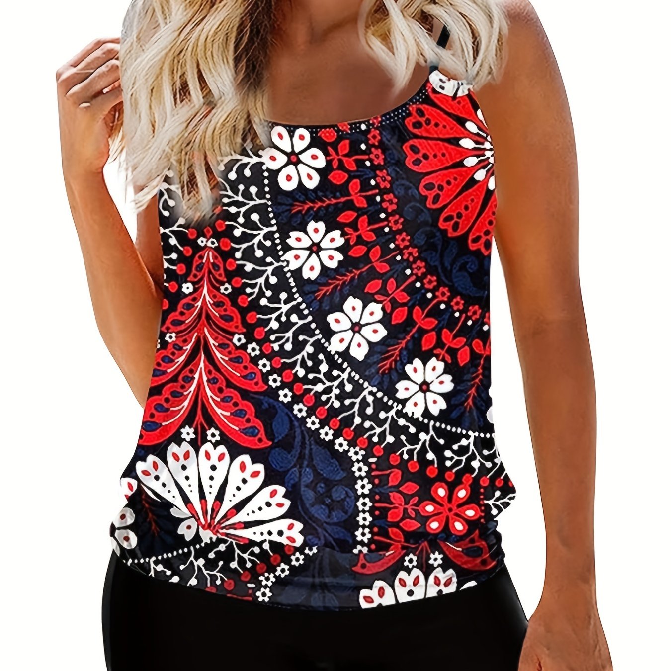 Floral Print Tankini Set Round Neck Cami Top & Boyshorts Swimsuit