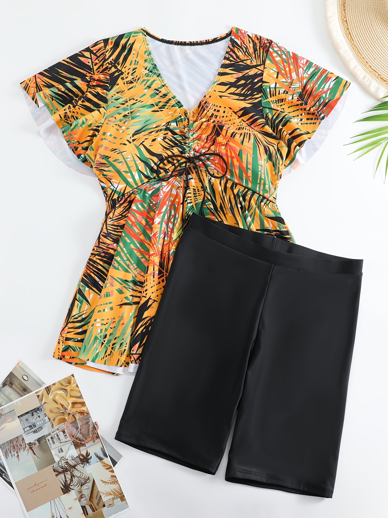 Vacay Tankini Set Women's Plus Tropical Print Short Sleeve V Neck Draw