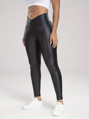 Faux PU Leather Cross Waist Fitness Gym Sports Leggings