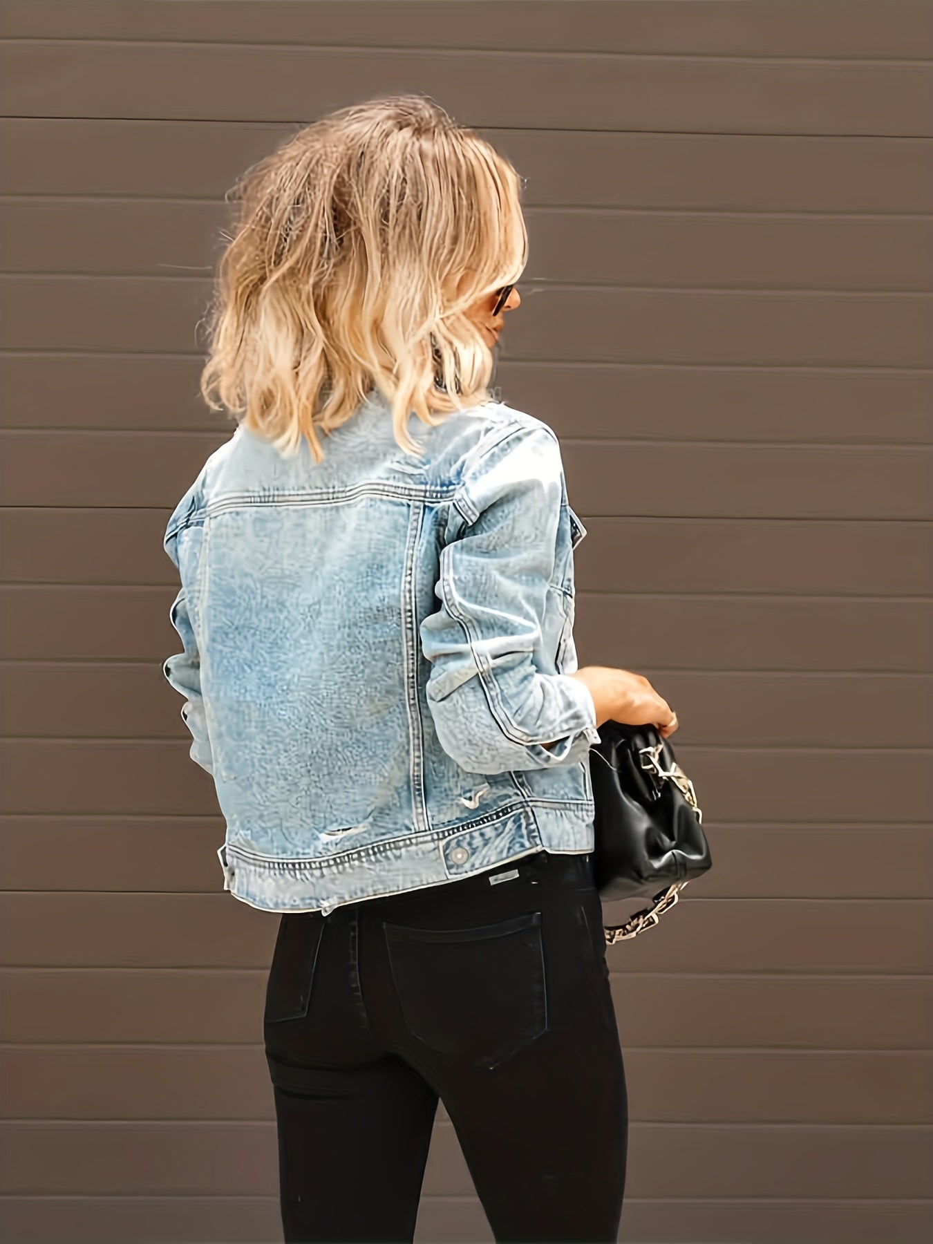 Long Sleeve Cropped Denim Jacket Ripped Button Closure