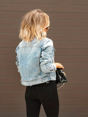 Long Sleeve Cropped Denim Jacket Ripped Button Closure