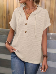 Solid Waffle Button Front Hoodie Casual Short Sleeve Drawstring Hoodies Top