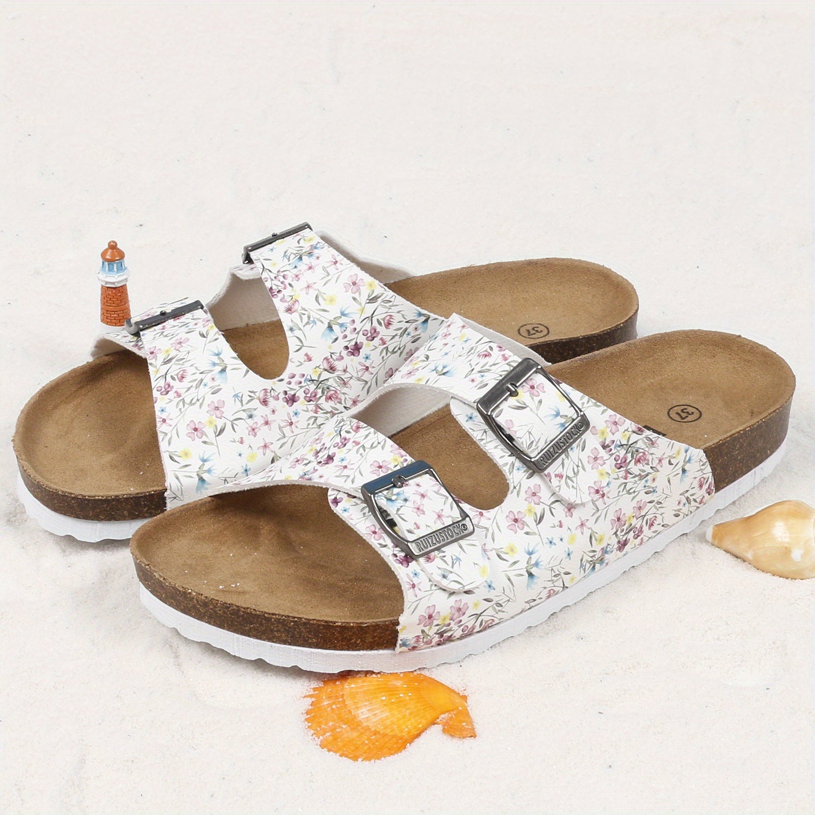 Women's Floral Print Cork Footbed Sandals Slides Double Buckle Flat Slippers