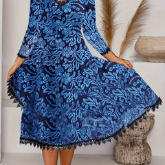 Women's Plus Floral Print Lace Trim Half Sleeve V Neck Dress