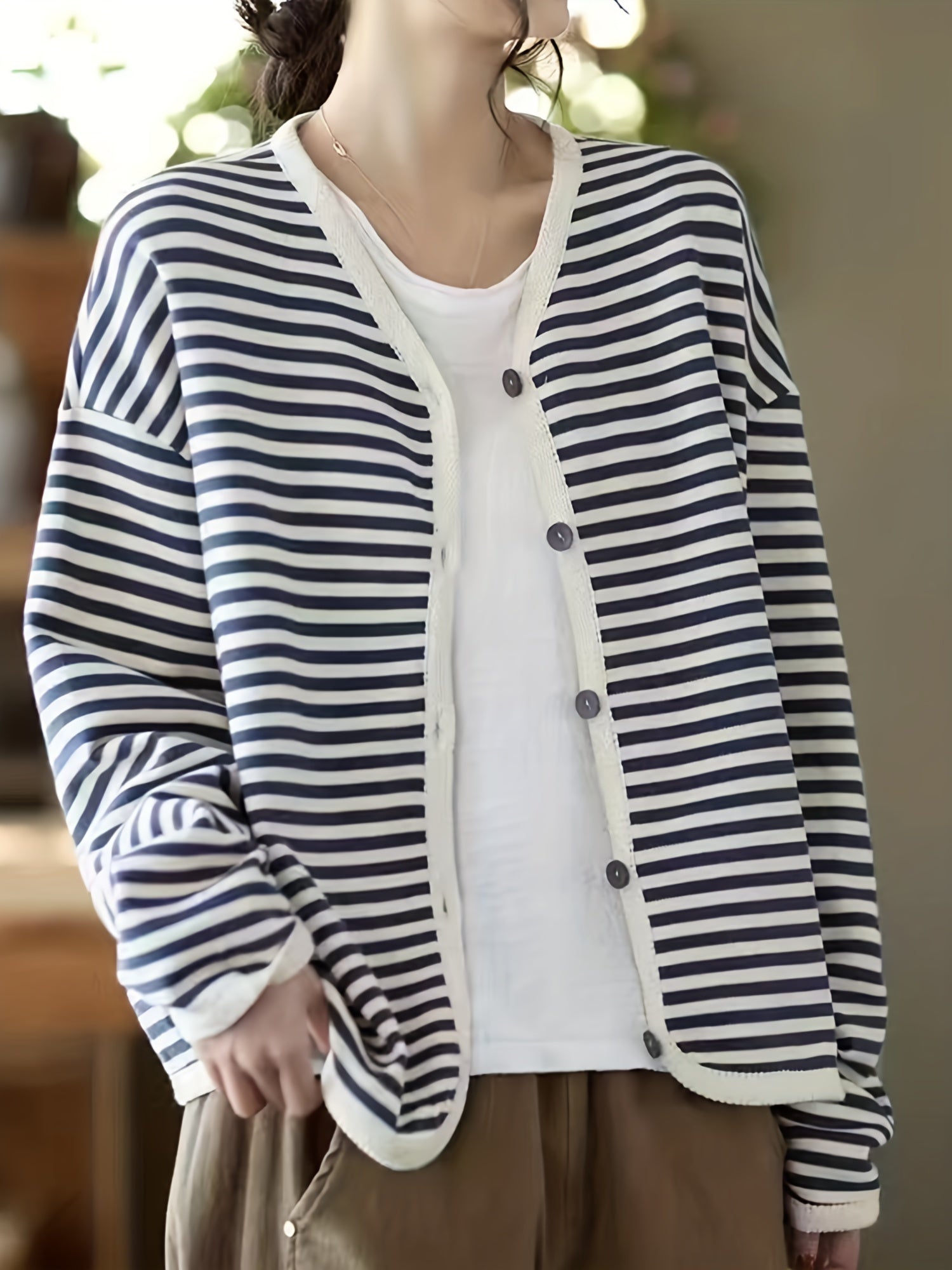 Striped Button Front Jacket V Neck Long Sleeve Outerwear