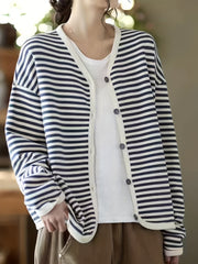 Striped Button Front Jacket V Neck Long Sleeve Outerwear