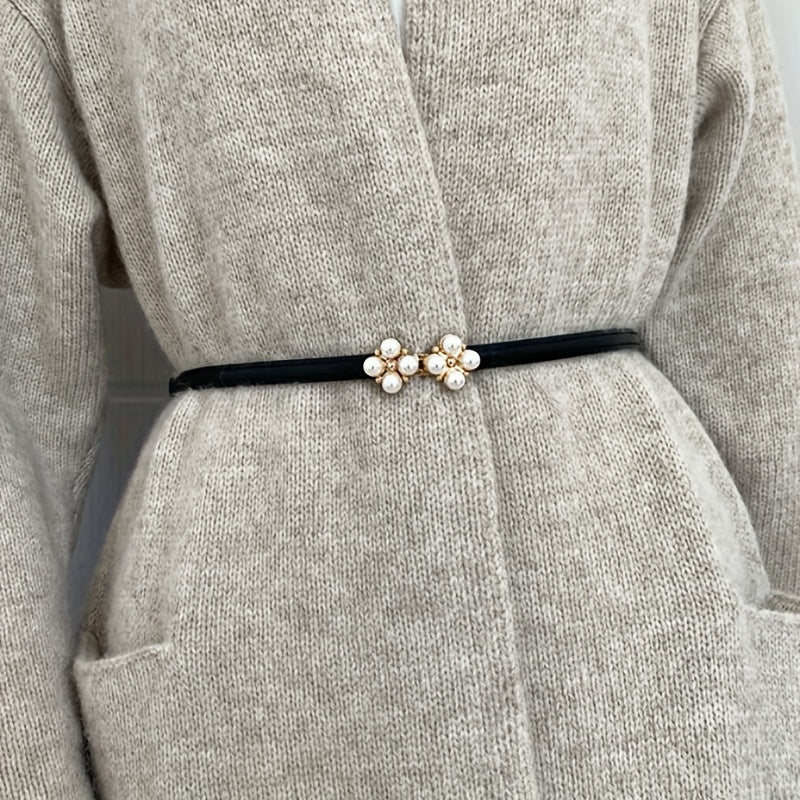 Girls Faux Pearl Leaf Buckle Belt for Pants Jeans Skirt