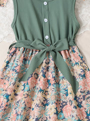 2pcs Toddler Girls Sleeveless Button Flowers Dress & Bow Straw Hat Set