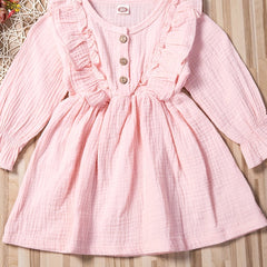 Girls Ruffle Trim Button Long Sleeve Dress