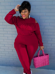 Ruffle Trim Cold Shoulder Top & Leggings Set