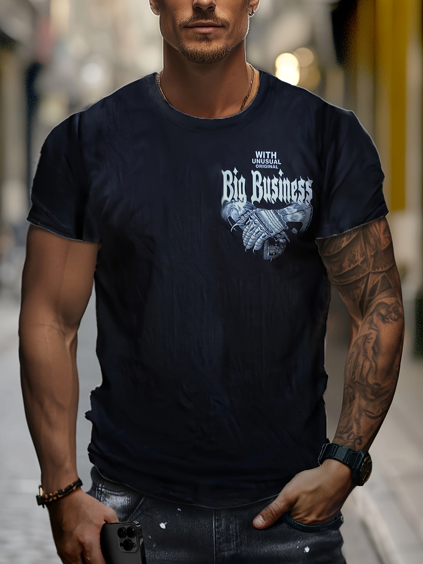 Men's Business Print Sports T-shirt Casual Stretch Round Neck Tee Shirt