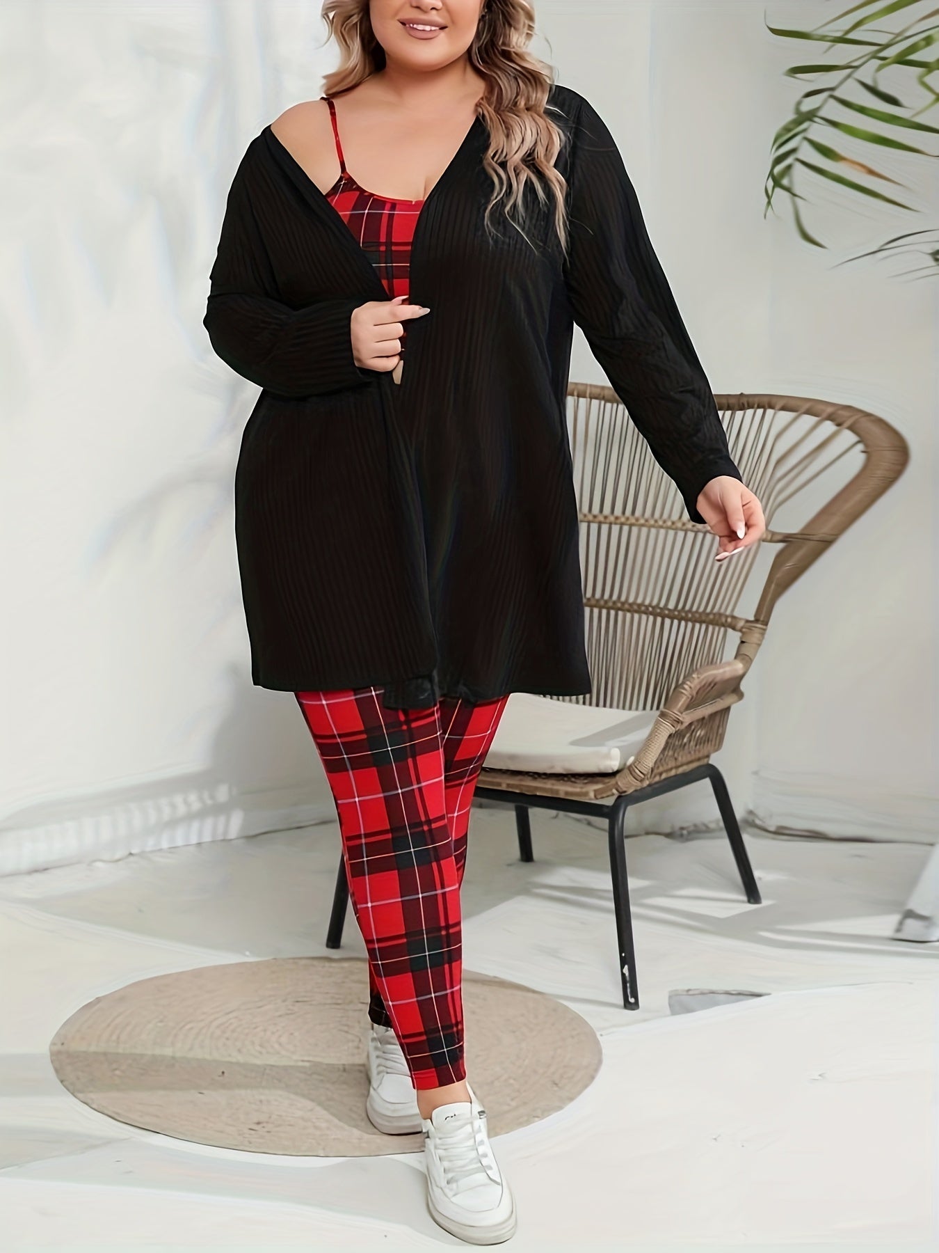 Plaid Crop Cami Top & Tie Pants & Cardigan Set