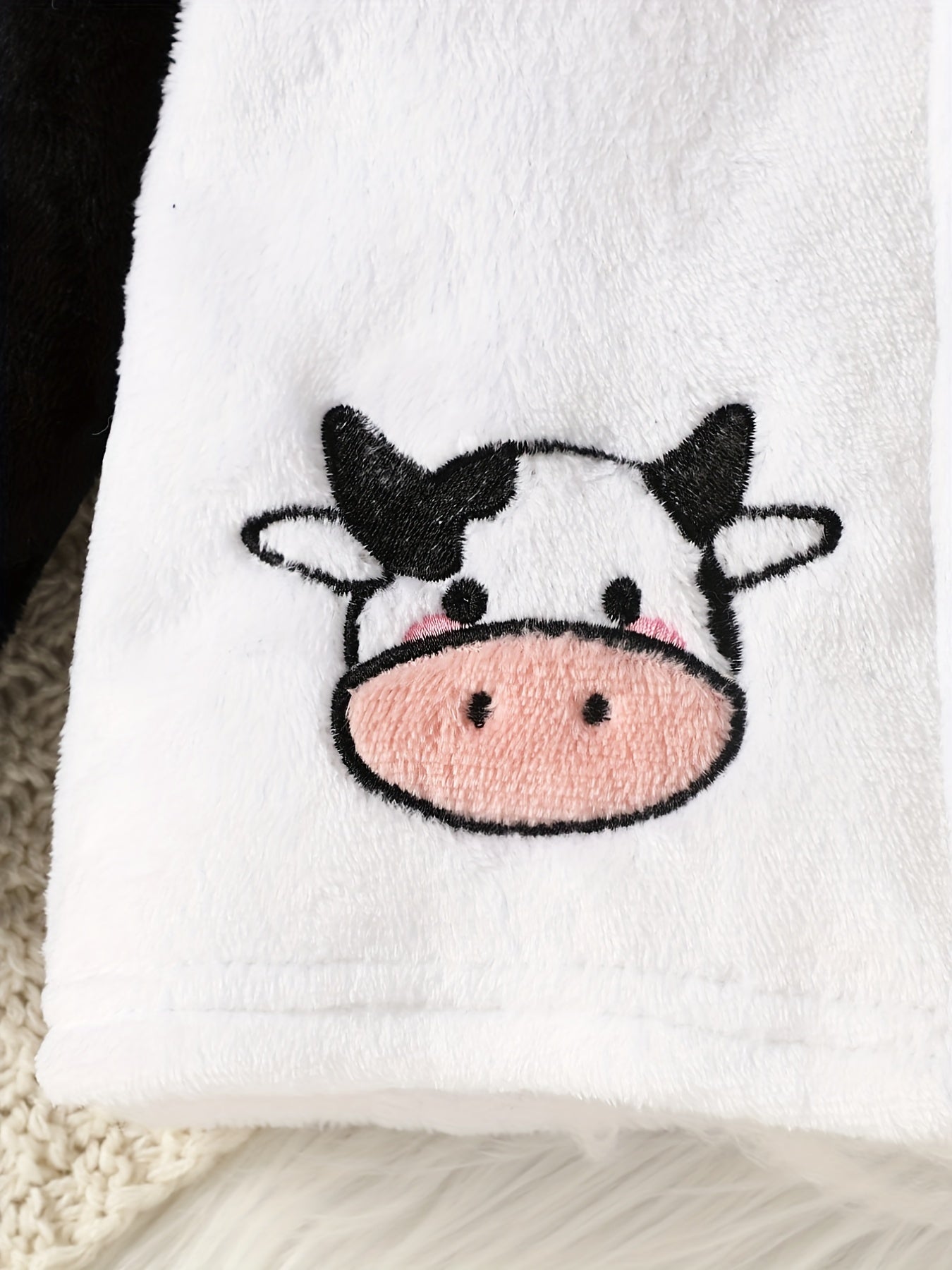 Toddler Bay Girls Hooded Plush Cow Embroidered Button Coat