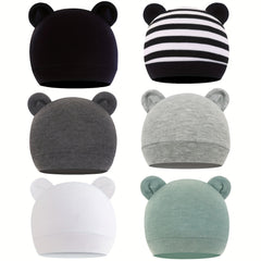 6 Pack of Bear Ears Hats for Newborns & Toddlers - Unisex Beanie Caps
