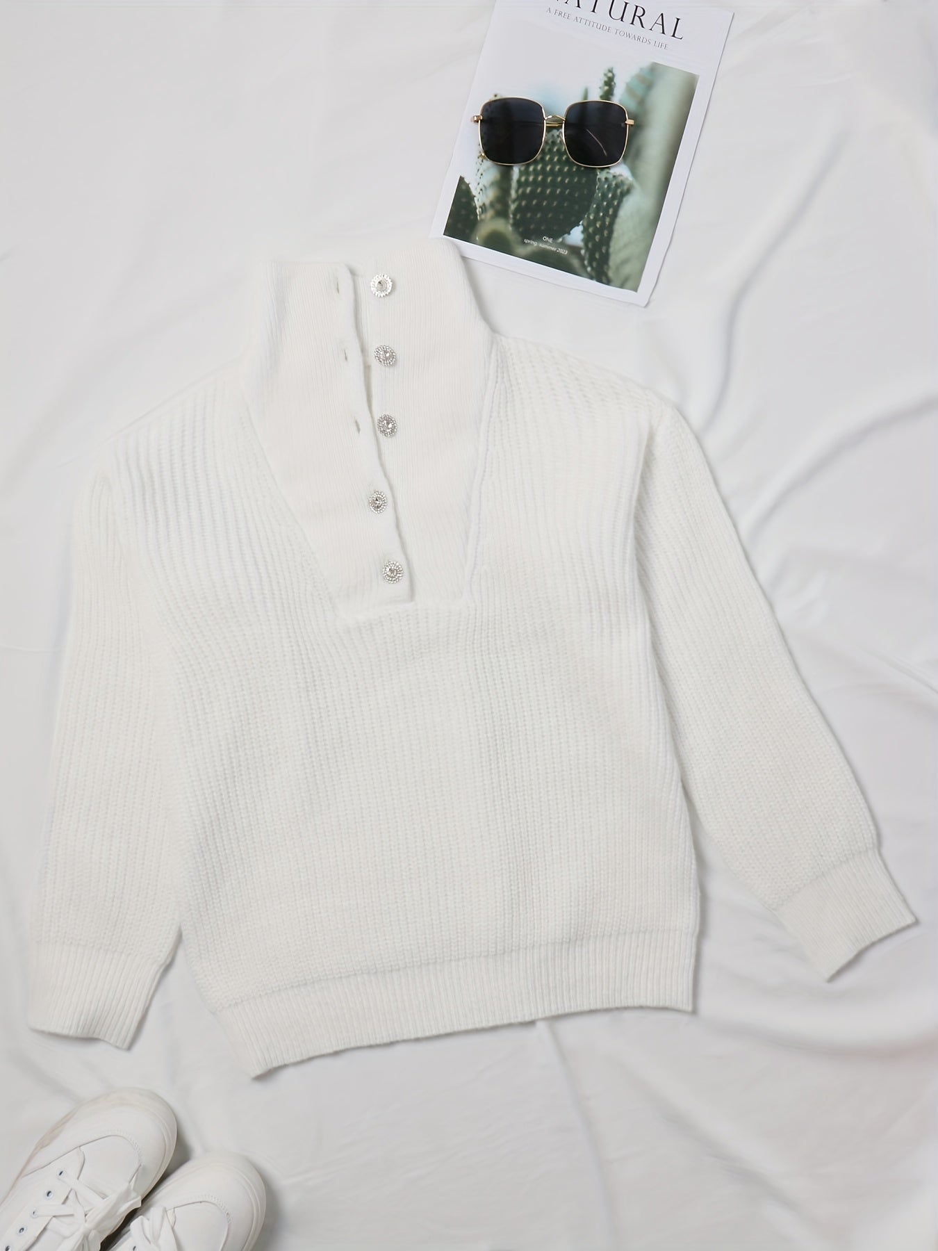 Casual Sweater Solid Button Up Long Sleeve High Neck Jumper