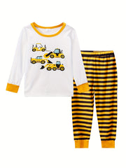 2pcs Toddler Pajama Set Long Sleeve Top & Stripe Pants Boy's Loungewear