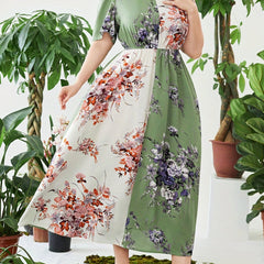 Boho Kaftan Dress Women's Plus Colorblock Floral Print Maxi Dress