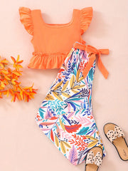 Girls Ruffle Top & Floral Print Pants 2pcs With Belt