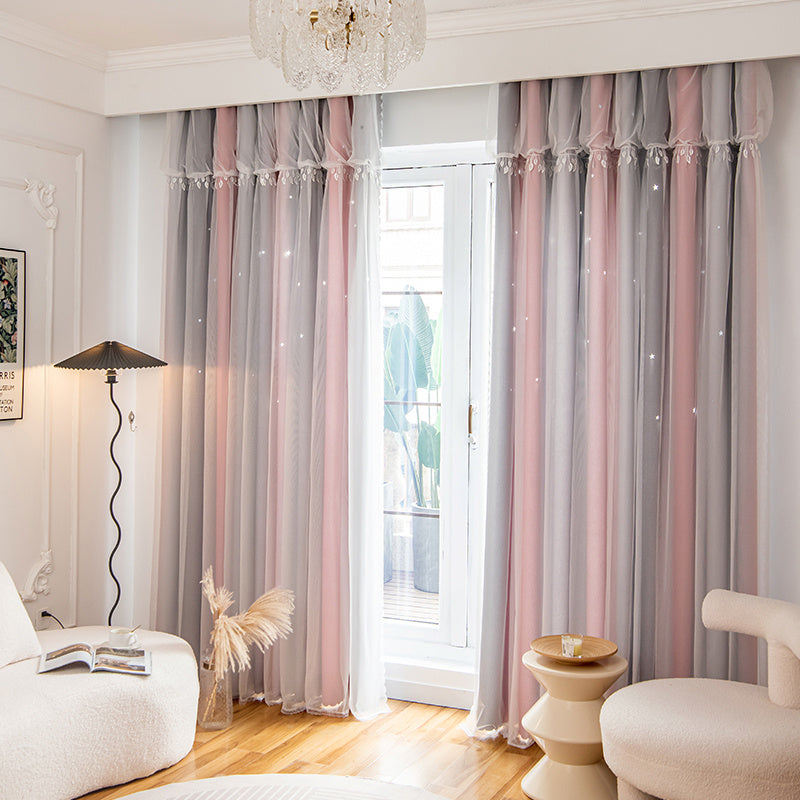 Blackout Curtains with Self Stick Rodless and Lace Sheer Tieback