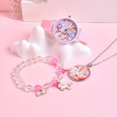 3pcs Cartoon Rainbow Horse Girls' Watch Creative Quartz Wristwatch Set