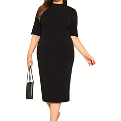 Solid Half Sleeve Mock Neck Midi Dress