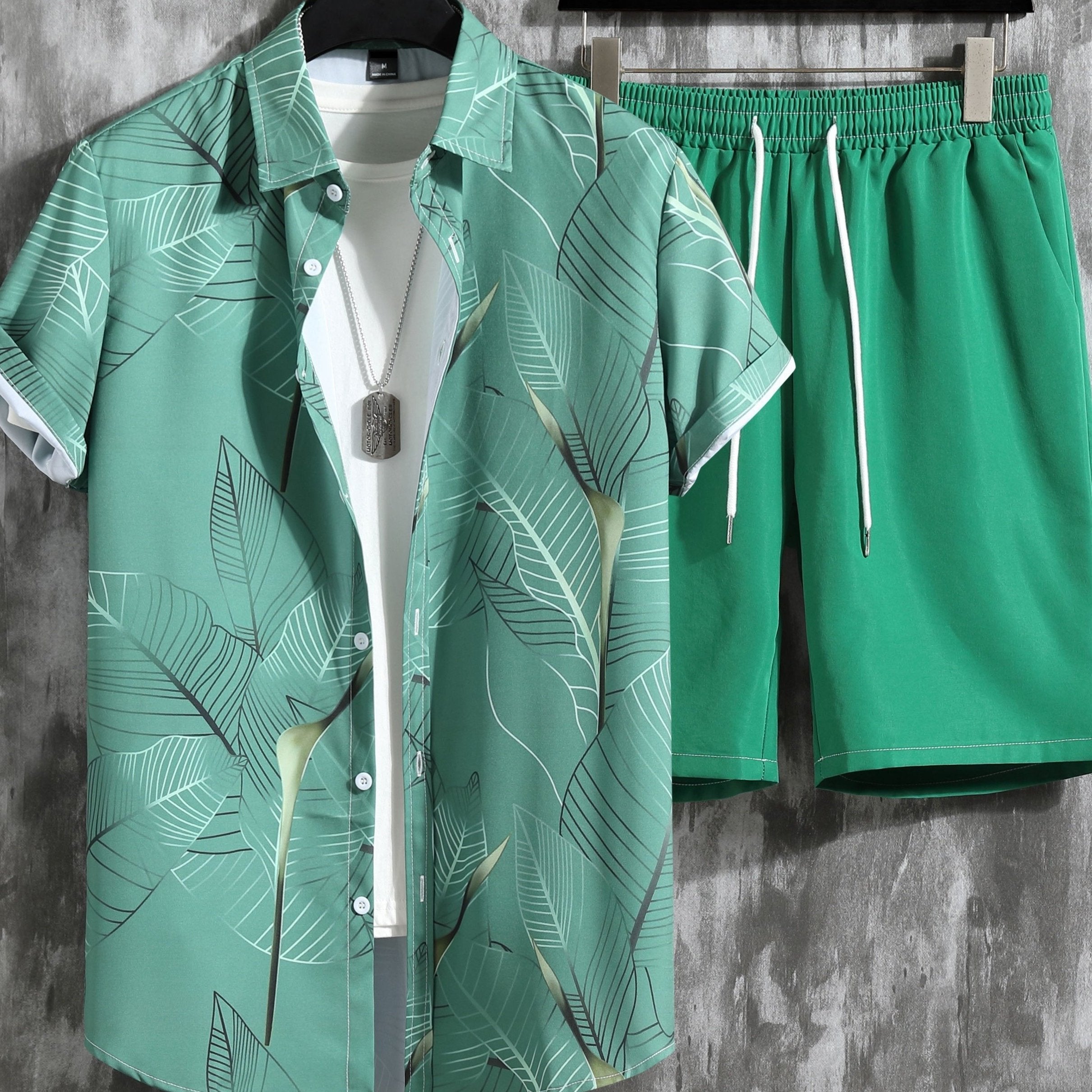 Leaf Print Men's Casual 2Pcs Outfits