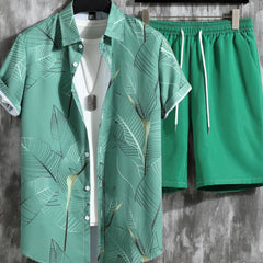 Leaf Print Men's Casual 2Pcs Outfits