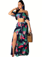 Tropical Print Crop Top & Side Slit Maxi Skirt Set