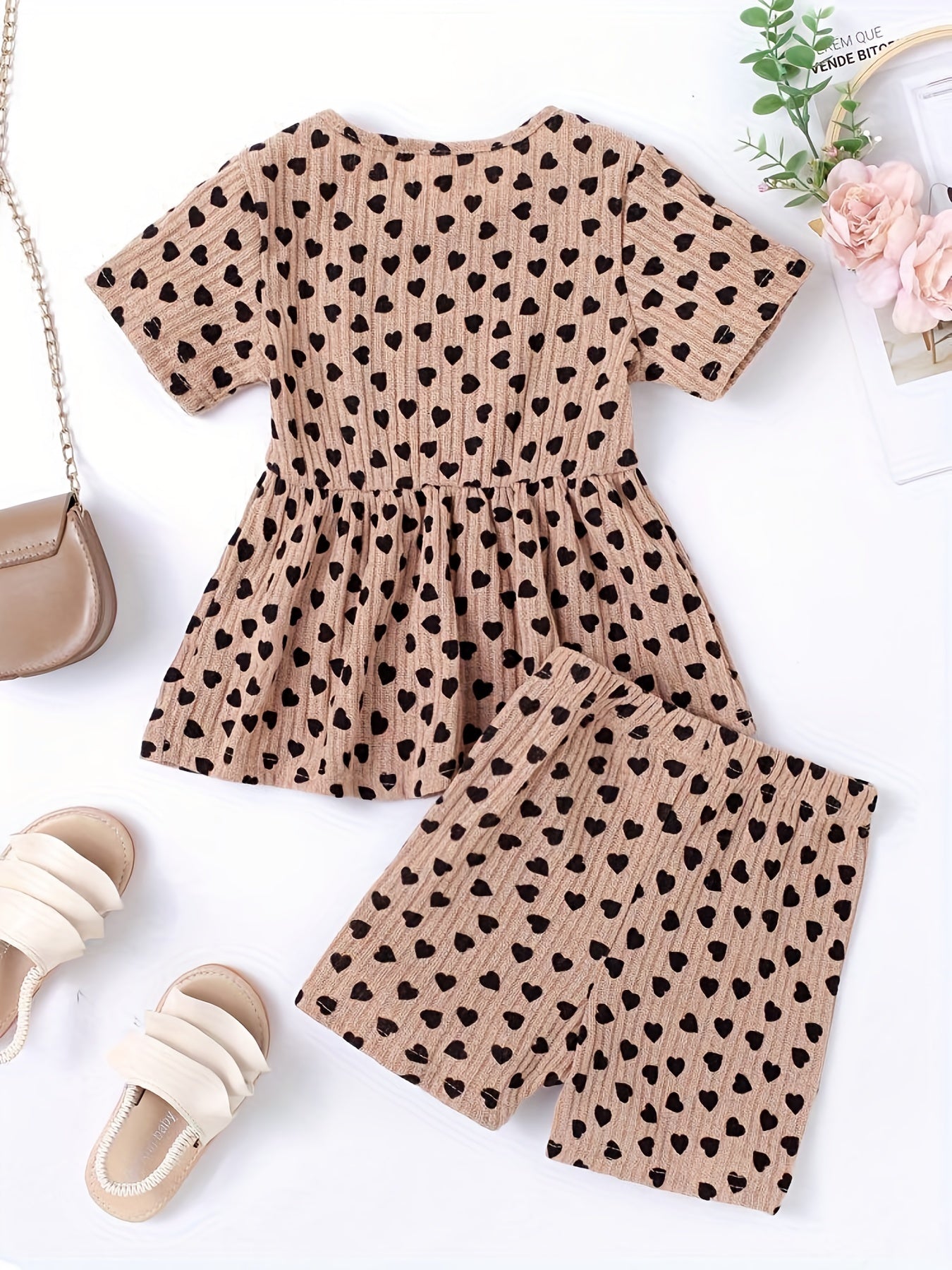 Girls Heart Graphic Peplum Crew Neck T Shirt Top & Shorts Set