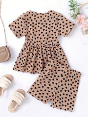 Girls Heart Graphic Peplum Crew Neck T Shirt Top & Shorts Set