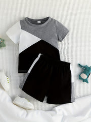2pcs Baby Boys Casual Block T shirt & Shorts Set For Summer