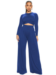 Solid Two Piece Set Crop Top & Wide Leg Pants Outfits Women's Clothing