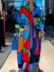 Abstract Face Print Dress Boho V Neck Long Sleeve Maxi Dress Women's Clothing