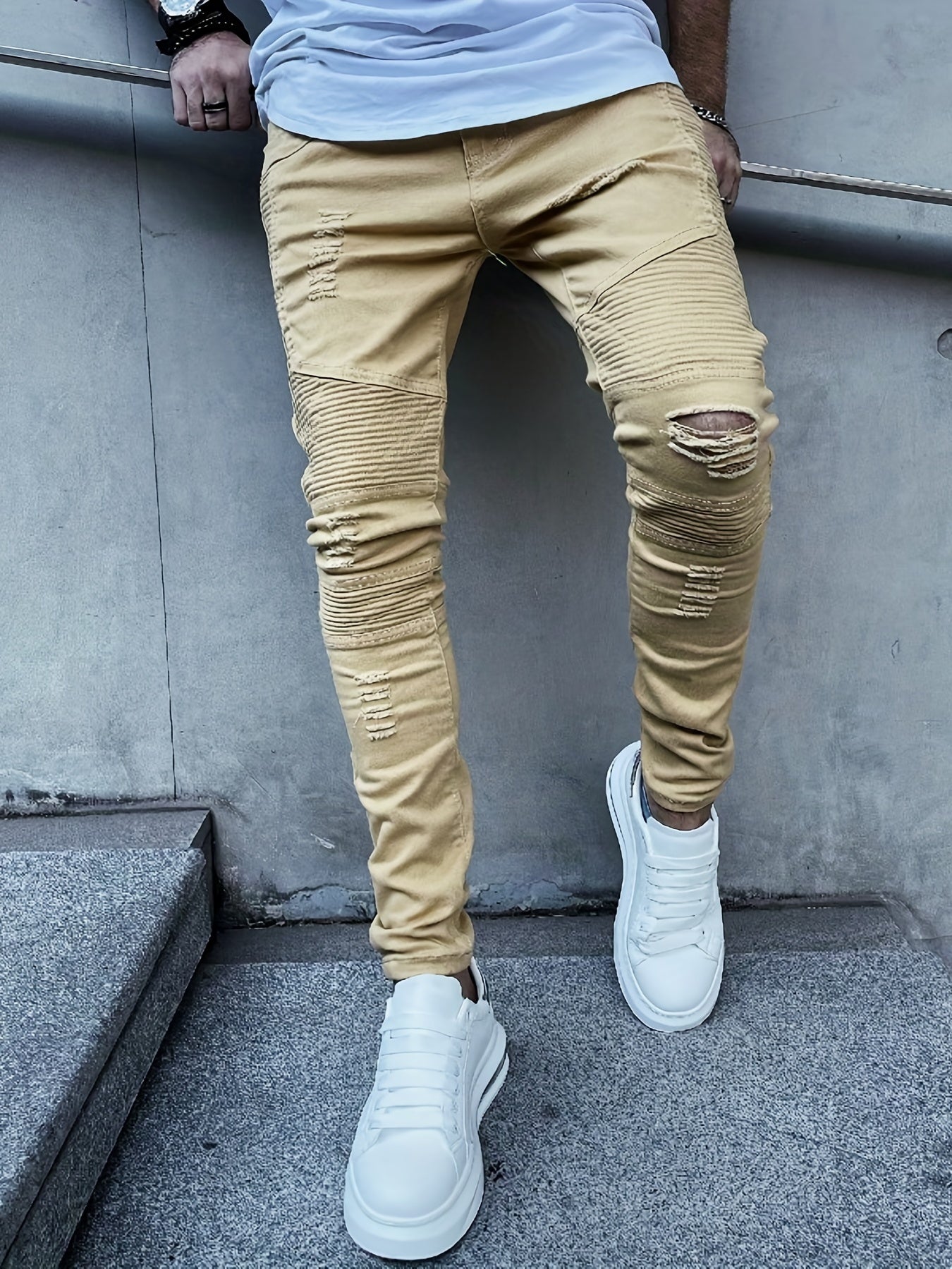 Slim Fit Ripped Jeans Men Casual Street Style High Stretch Denim Pants
