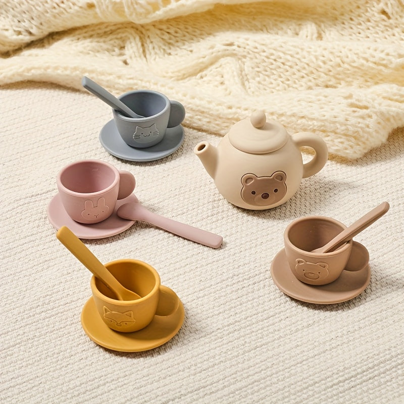 Silicone Tea Set Bear Wooden Pretend Play Toy Girls Mini Tea Cup and Teapot Set