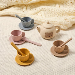 Silicone Tea Set Bear Wooden Pretend Play Toy Girls Mini Tea Cup and Teapot Set