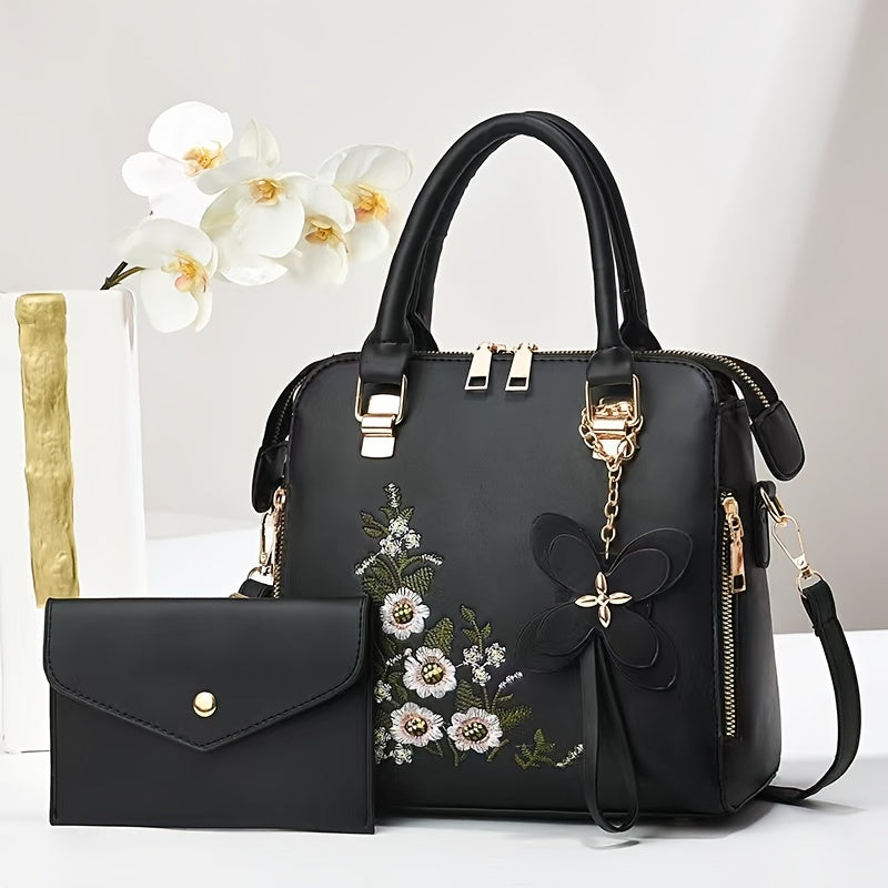 Women's Floral Embroidered Handbag Set with Clutch