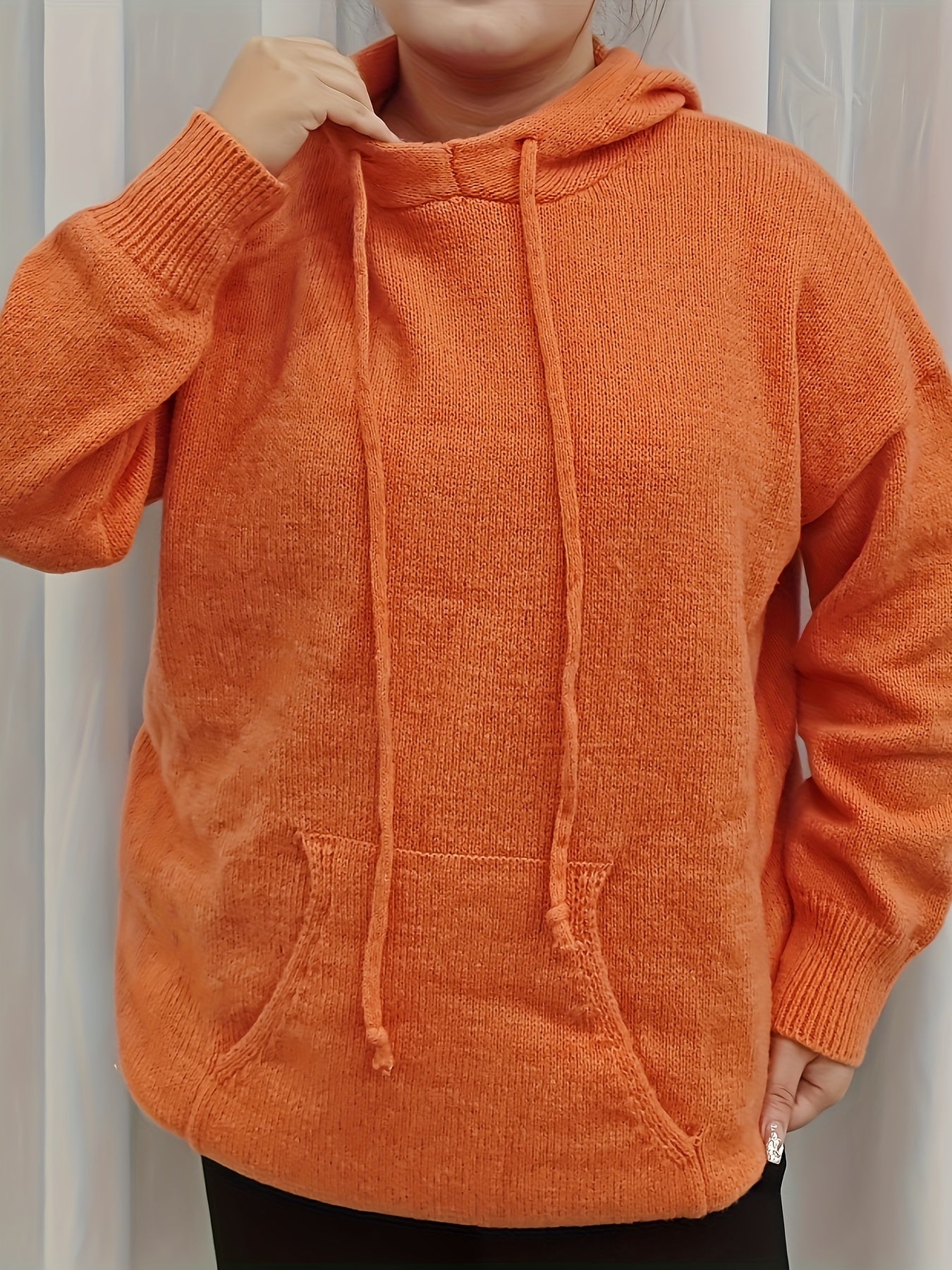 Plus Size Solid Hooded Drawstring Sweater With Pockets