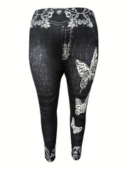 Denim & Butterfly Print High Rise Leggings