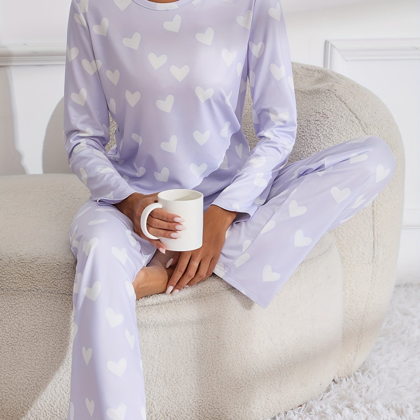 Heart Print Pajama Set Long Sleeve Top & Pants Women's Sleepwear