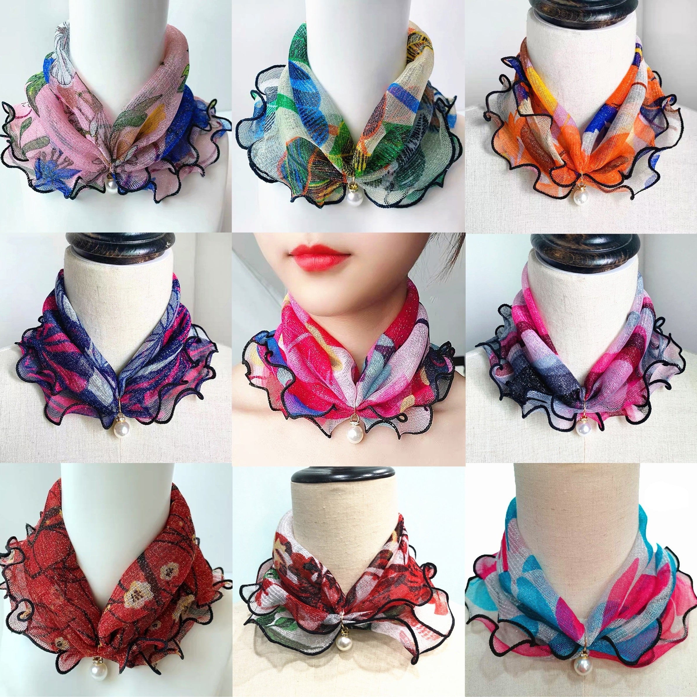 Breathable Lace Scarf with Faux Pearl Pendant