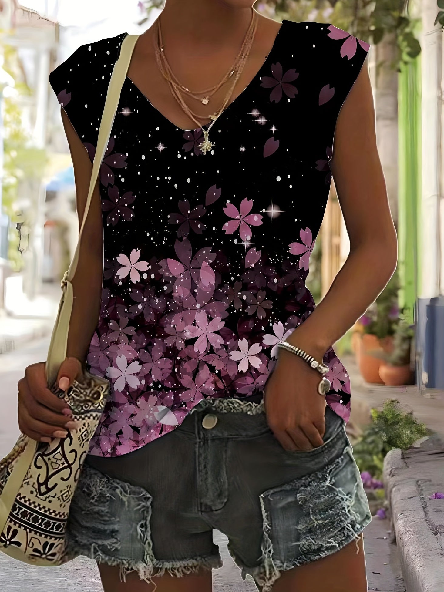 Turtles & Beach Print Tank Top V Neck Sleeveless Summer Women's Clothing