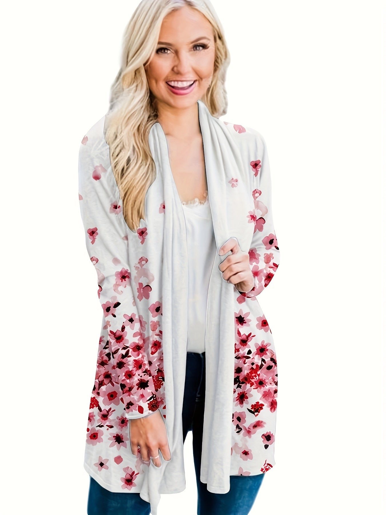 Floral Print Long Sleeve Open Front Cardigan